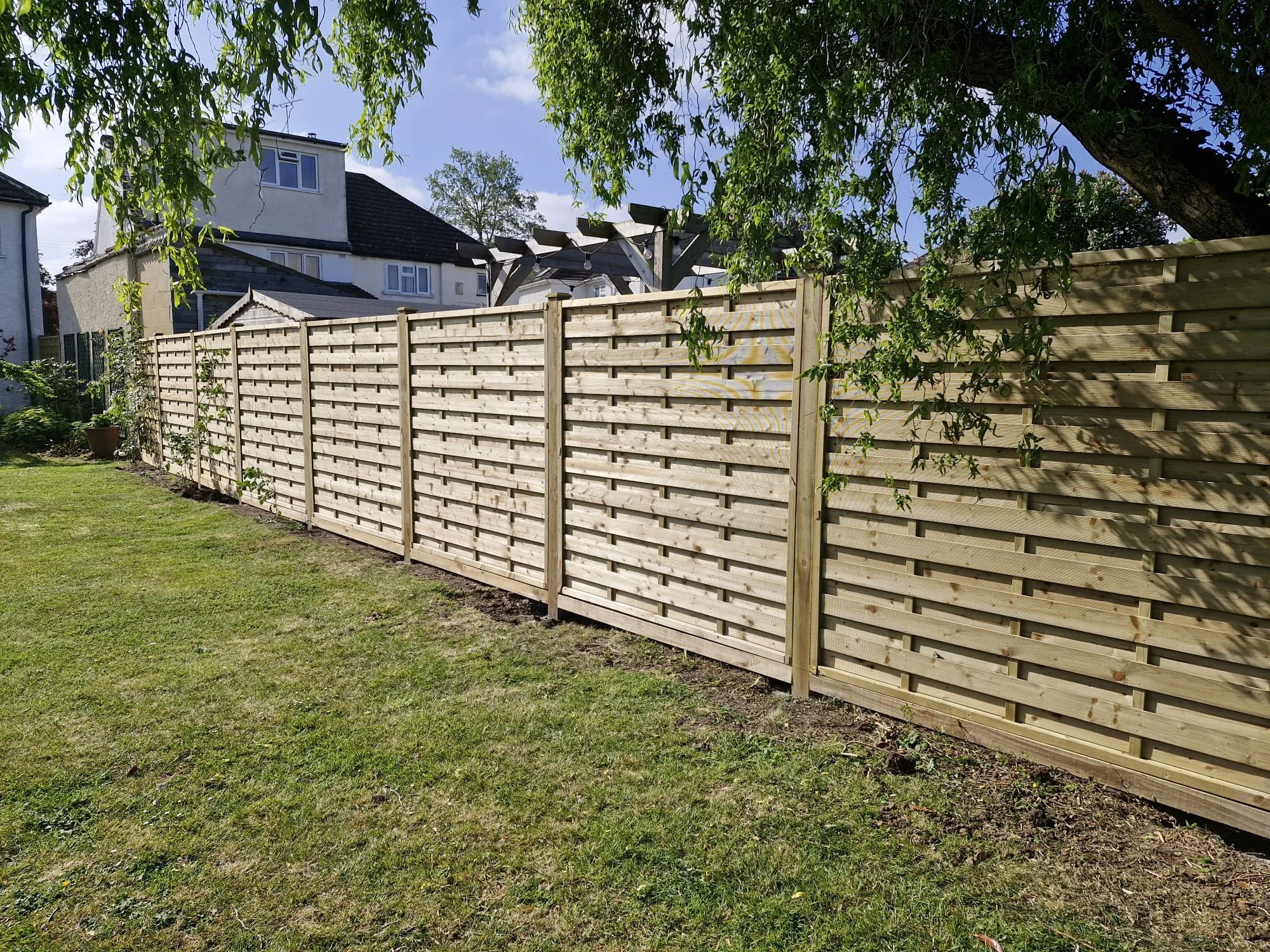 New wooden privacy fence in a backyard with green grass and trees, houses visible in the background.