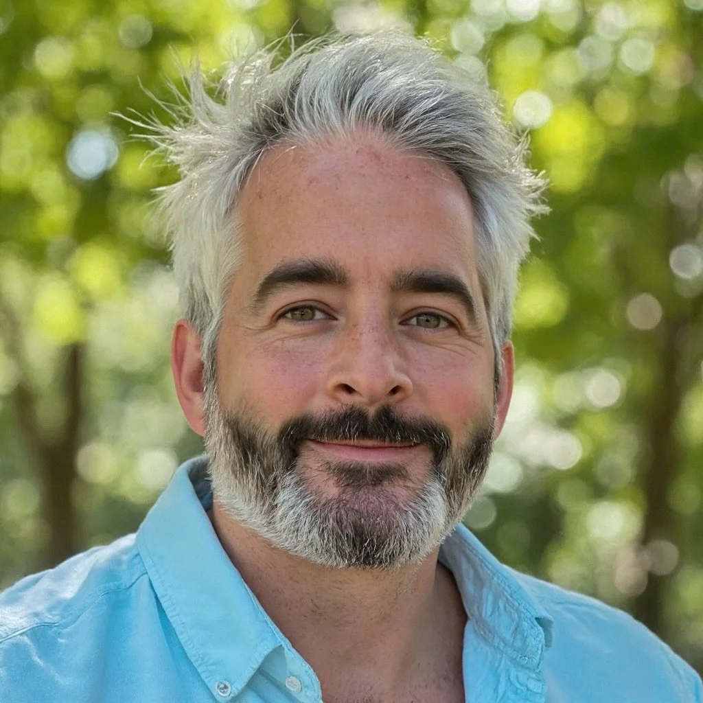 Close-up of a middle-aged man with gray hair and beard, wearing a light blue shirt, outdoors with green trees in the background.