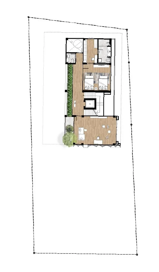 Floor plan of a house showing living areas, bedrooms, bathrooms, kitchen, staircase, and outdoor space with trees and greenery.