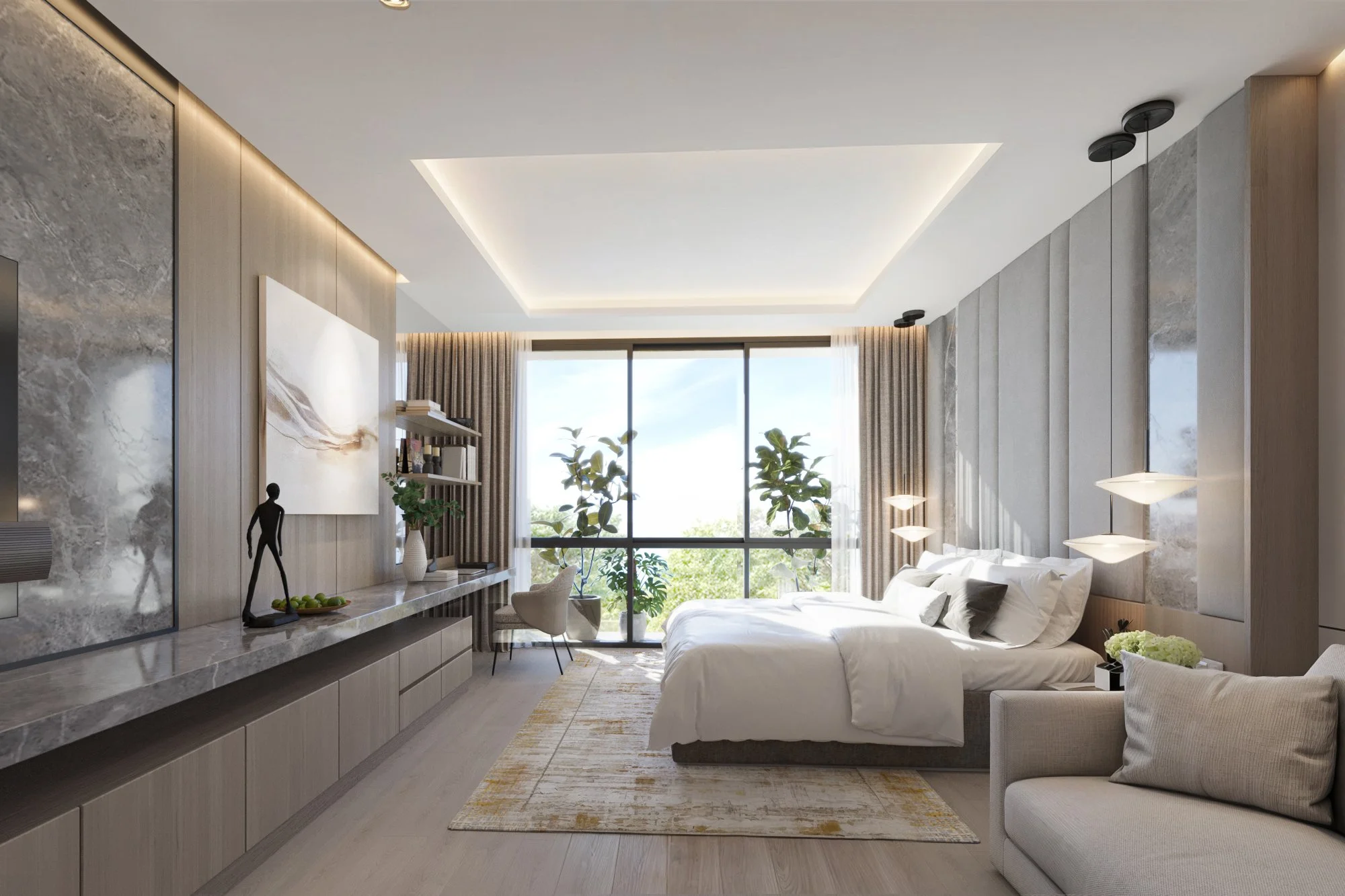 Spacious master bedroom with layered ceiling lighting and seamless indoor-outdoor connection.