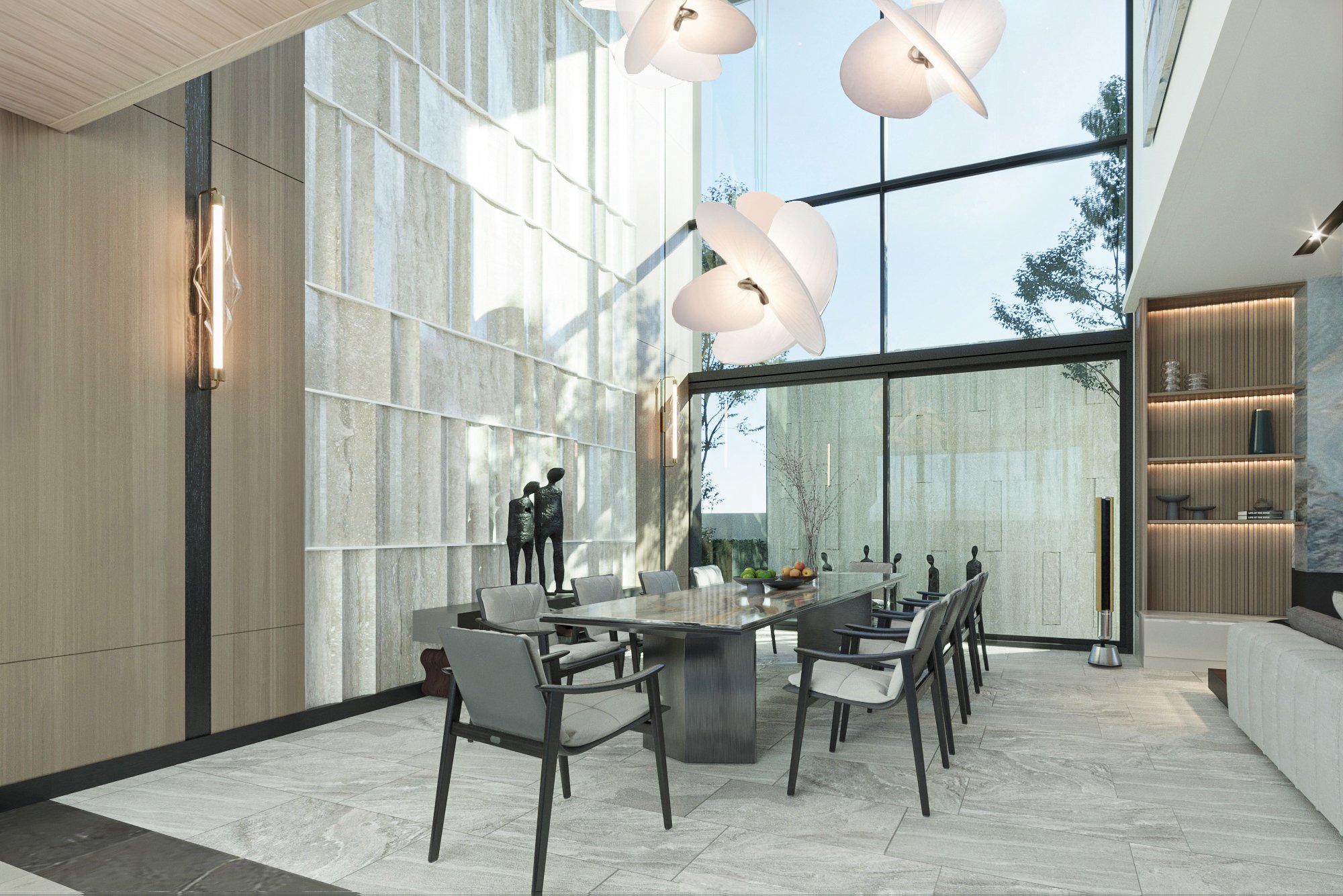 Indoor dining area overlooking tropical landscaping, enhancing natural airflow and light.