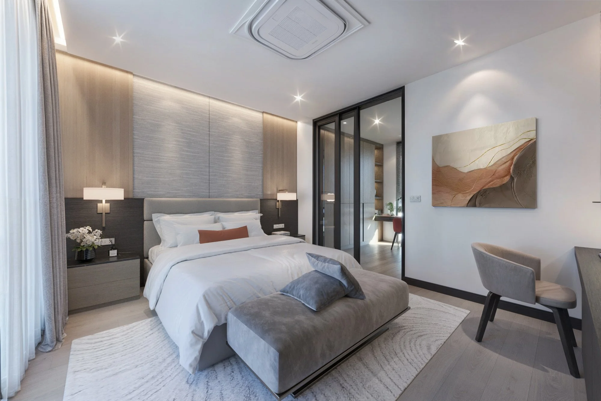 Elegant master bedroom with layered ceiling lighting and refined neutral materials.