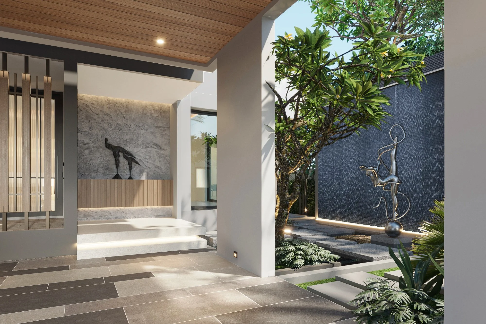 Contemporary eco-luxury villa courtyard with open-air design, water features, and natural ventilation.