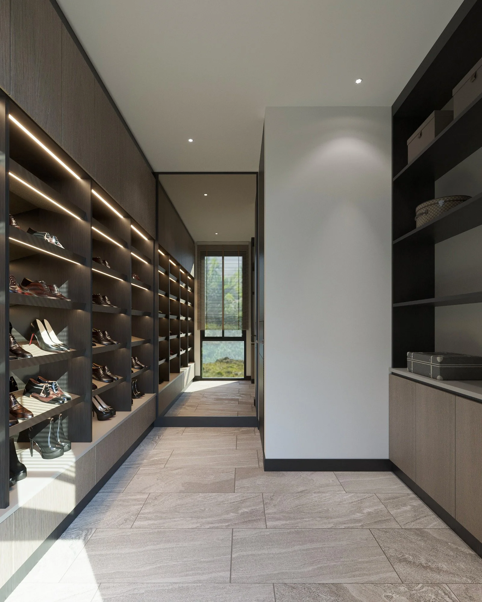 Spacious dressing corridor with integrated LED shelving, full-height cabinetry, and refined wood finishes.