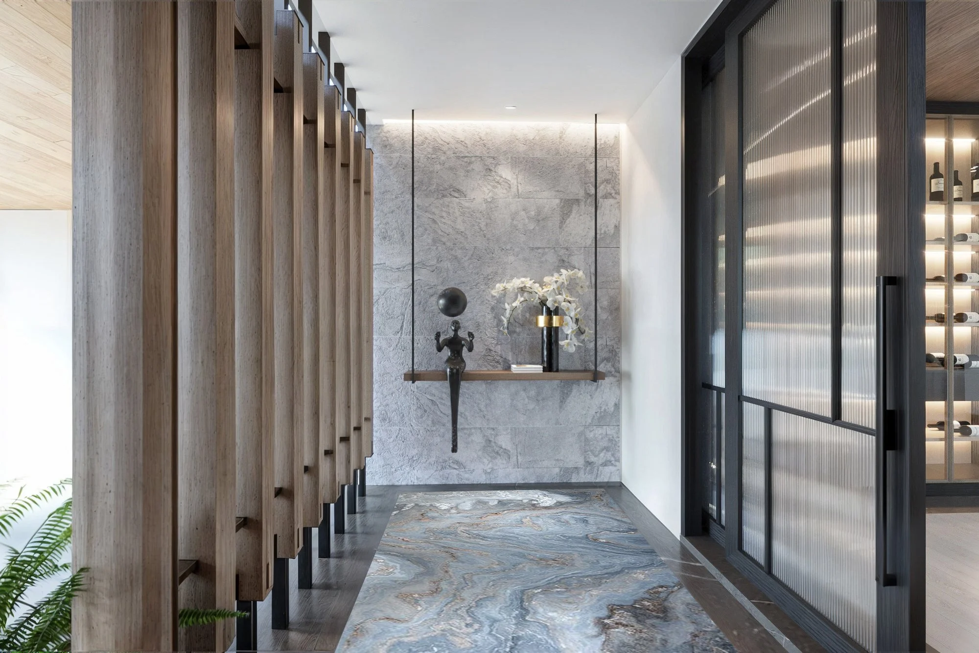 Modern interior hallway with wooden slats on the left, a gray marble wall with decorative items on a hanging shelf in the center, and a black metal framed glass cabinet on the right.