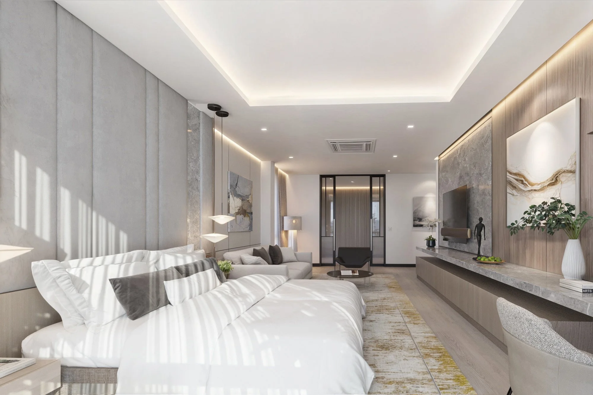 Refined bedroom suite with soft neutral tones, recessed ceiling lighting, and built-in storage.