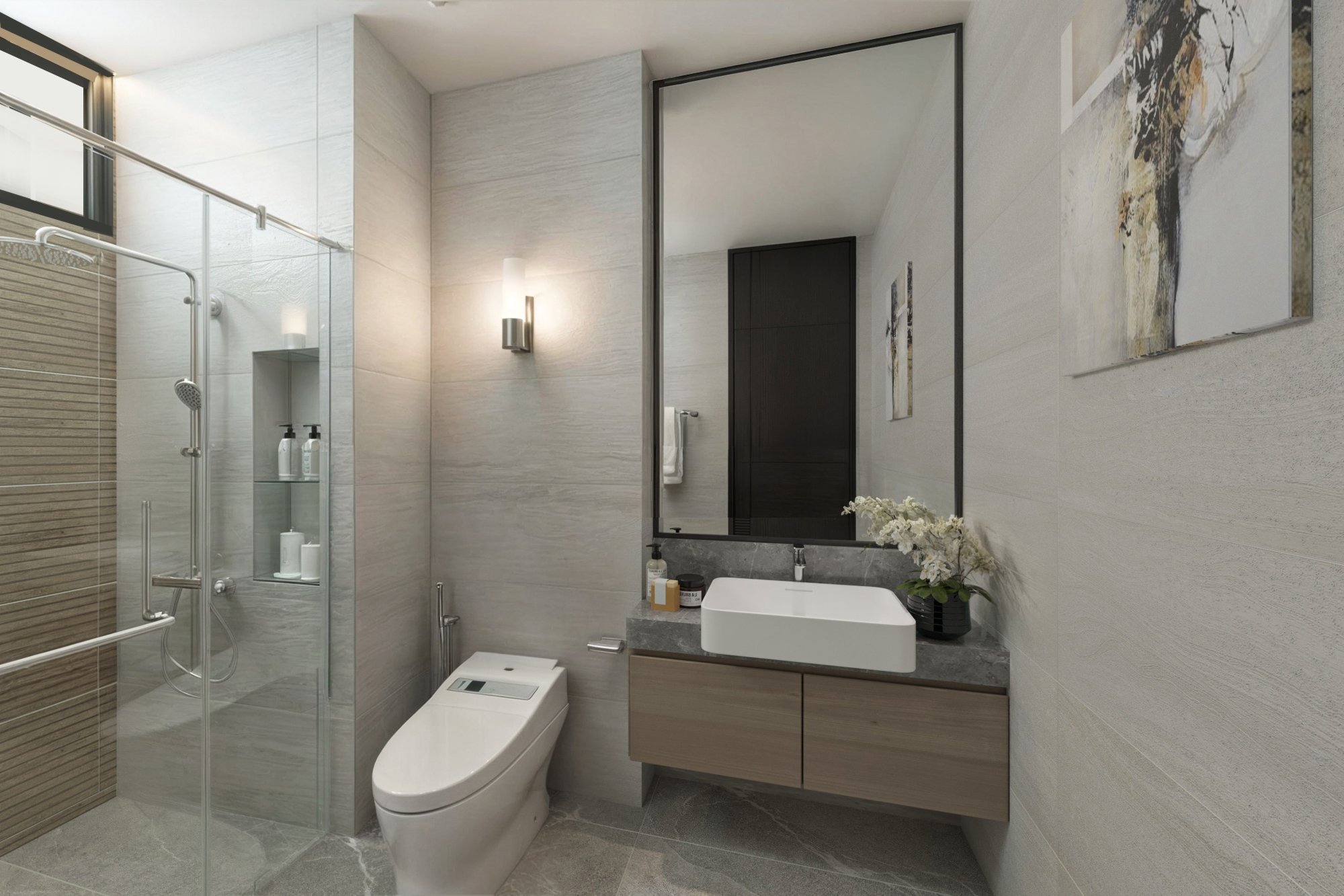 Premium bathroom vanity with LED mirror lighting and textured stone walls.