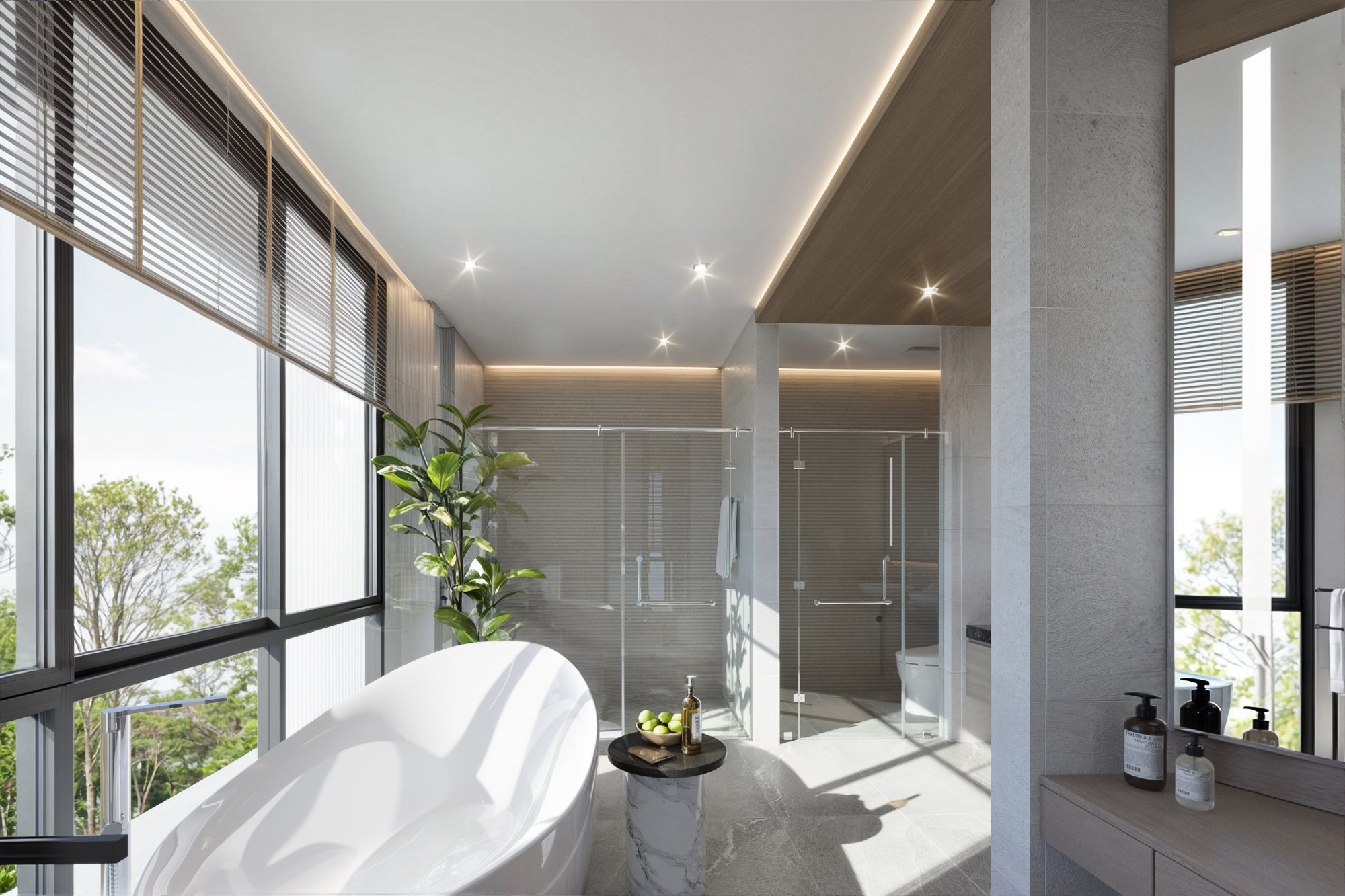 Elegant spa-style bathroom with freestanding bathtub, glass shower enclosure, and soft ambient lighting.