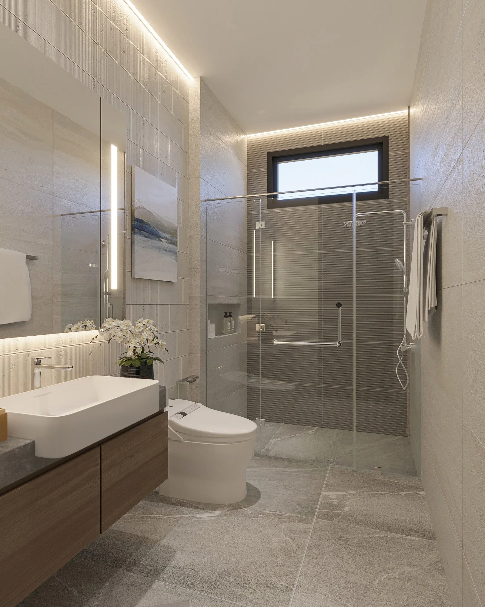 Elegant bathroom featuring walk-in rain shower, textured stone walls, and natural daylight ventilation.