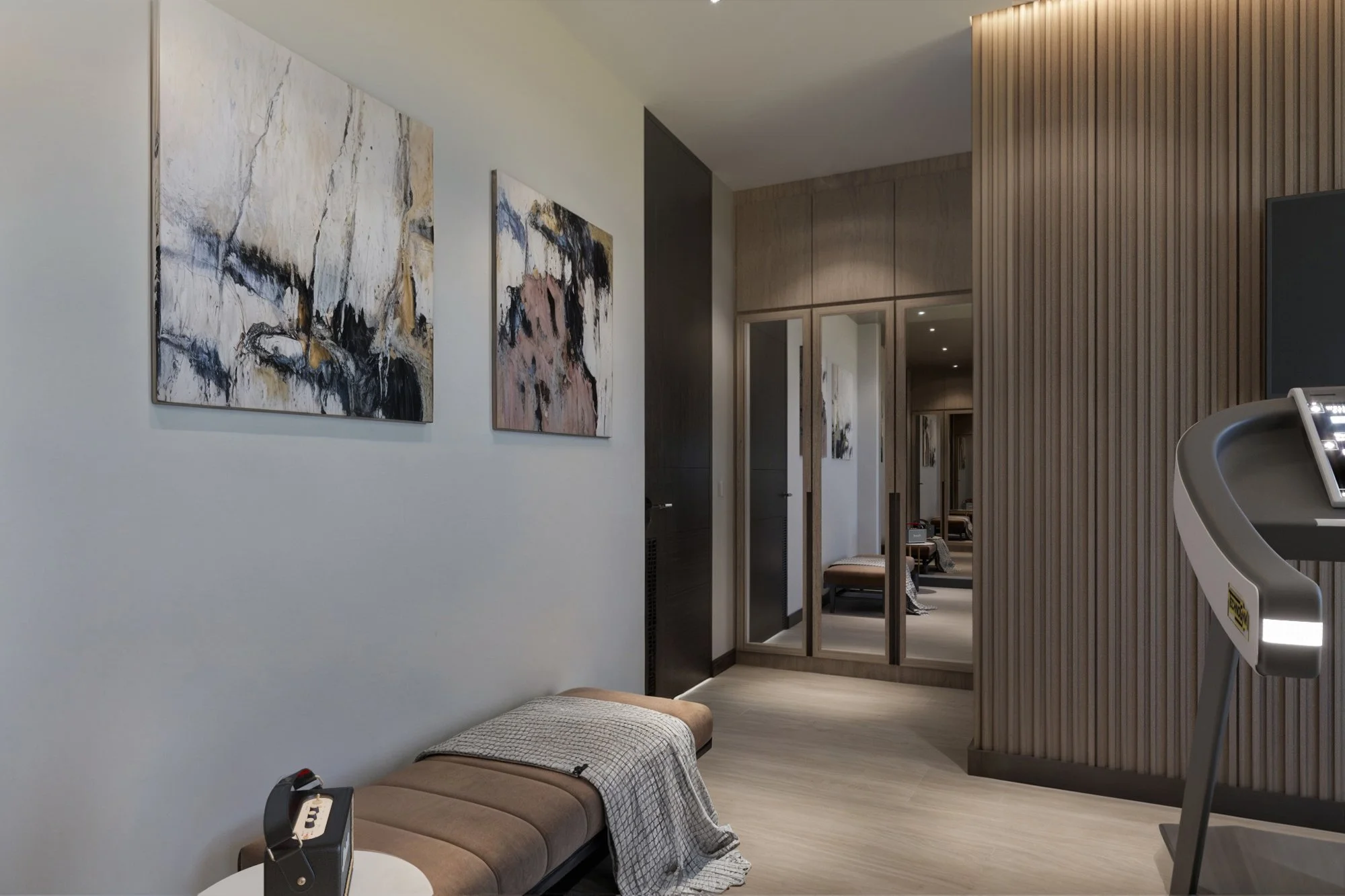 Refined corridor with soft ambient lighting and modern wall art.