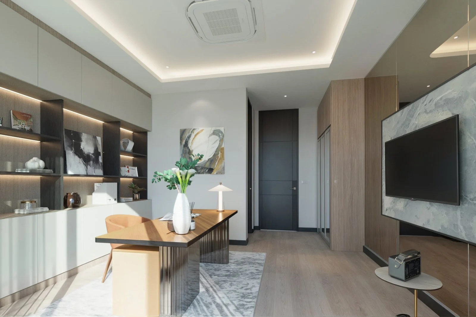 Spacious bedroom suite with built-in wardrobe, warm lighting, and minimalist modern design.