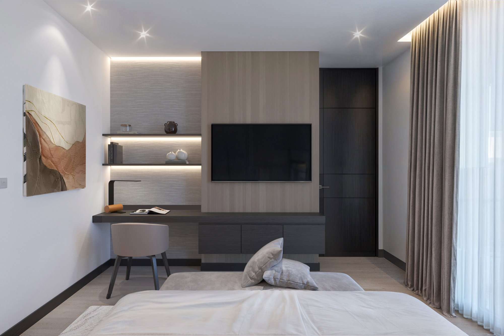 Modern bedroom with built-in shelving, media wall, and concealed storage design.