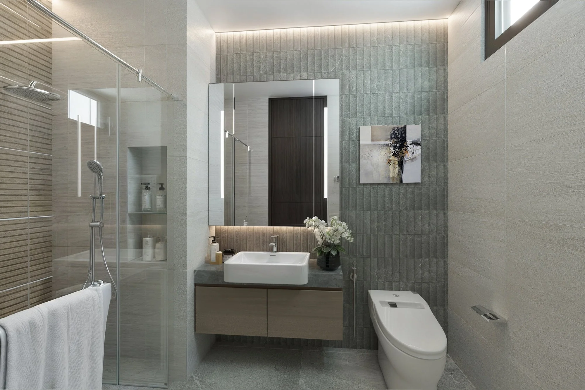 Contemporary bathroom with walk-in rain shower, floating vanity, and natural stone finishes in a luxury Phuket villa.