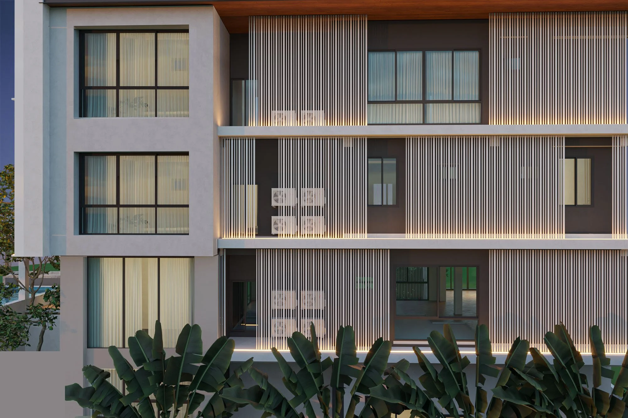 Four-level contemporary eco-luxury villa with layered facade design and privacy-focused architecture.