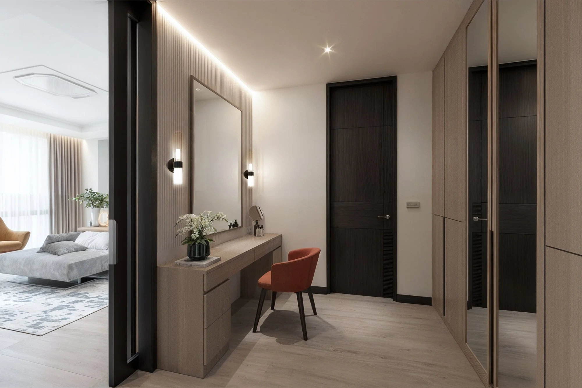 Bedroom suite with integrated workspace and custom cabinetry, ideal for long-term stays or remote work.