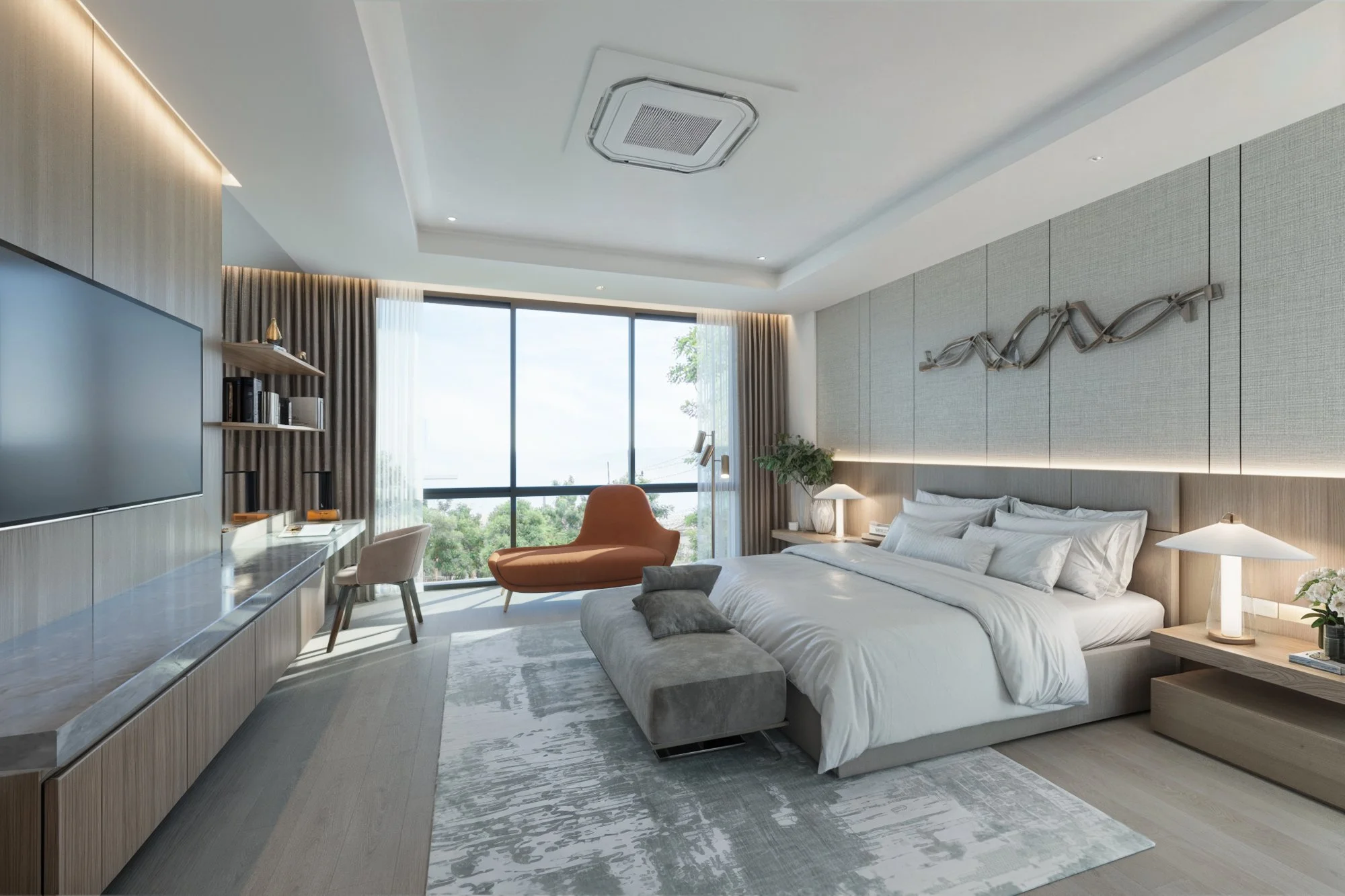 Modern bedroom with full-height windows overlooking greenery and minimalist interior detailing.
