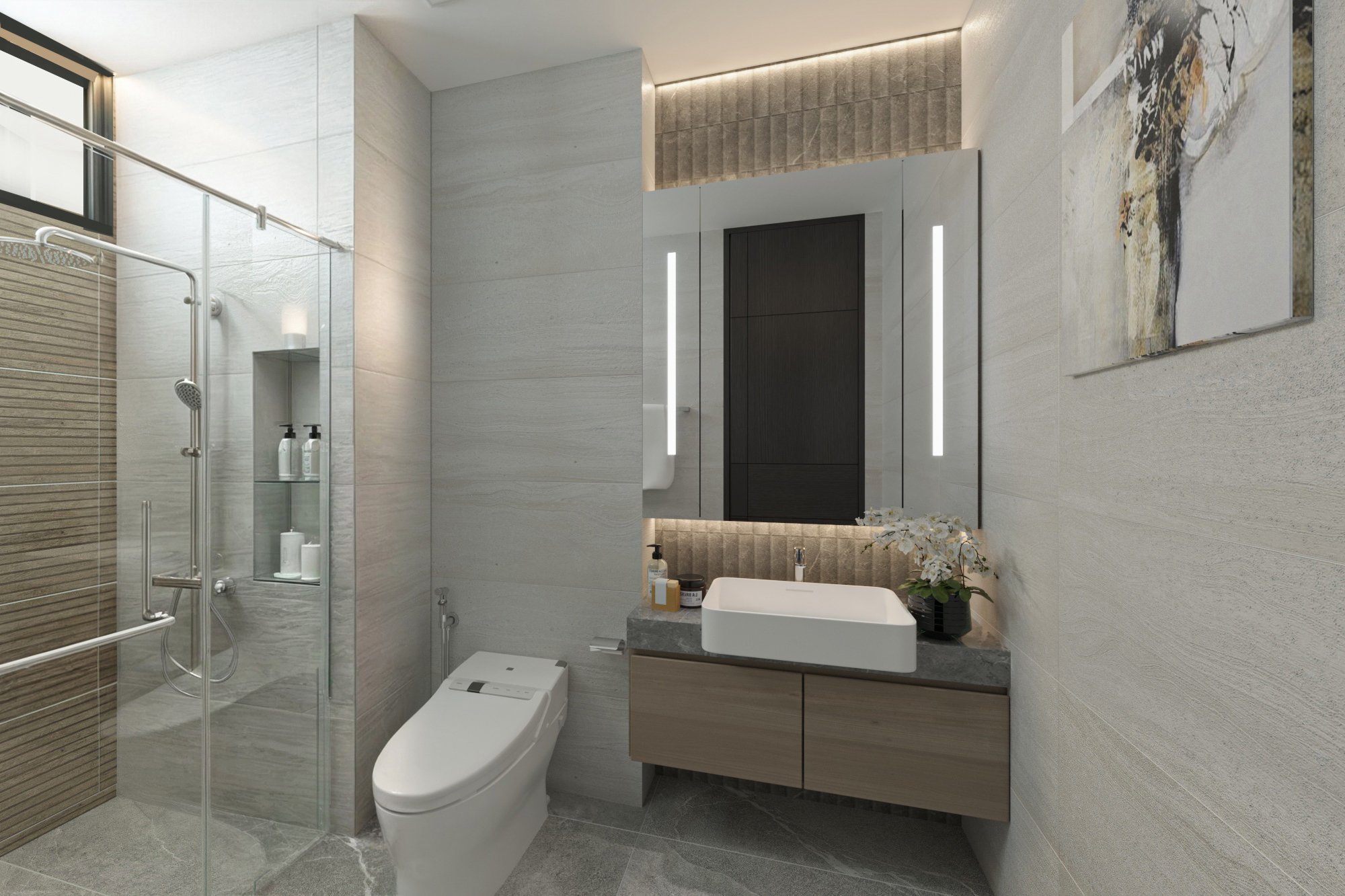 Modern bathroom with floating vanity, natural stone finishes, and integrated LED mirror lighting.