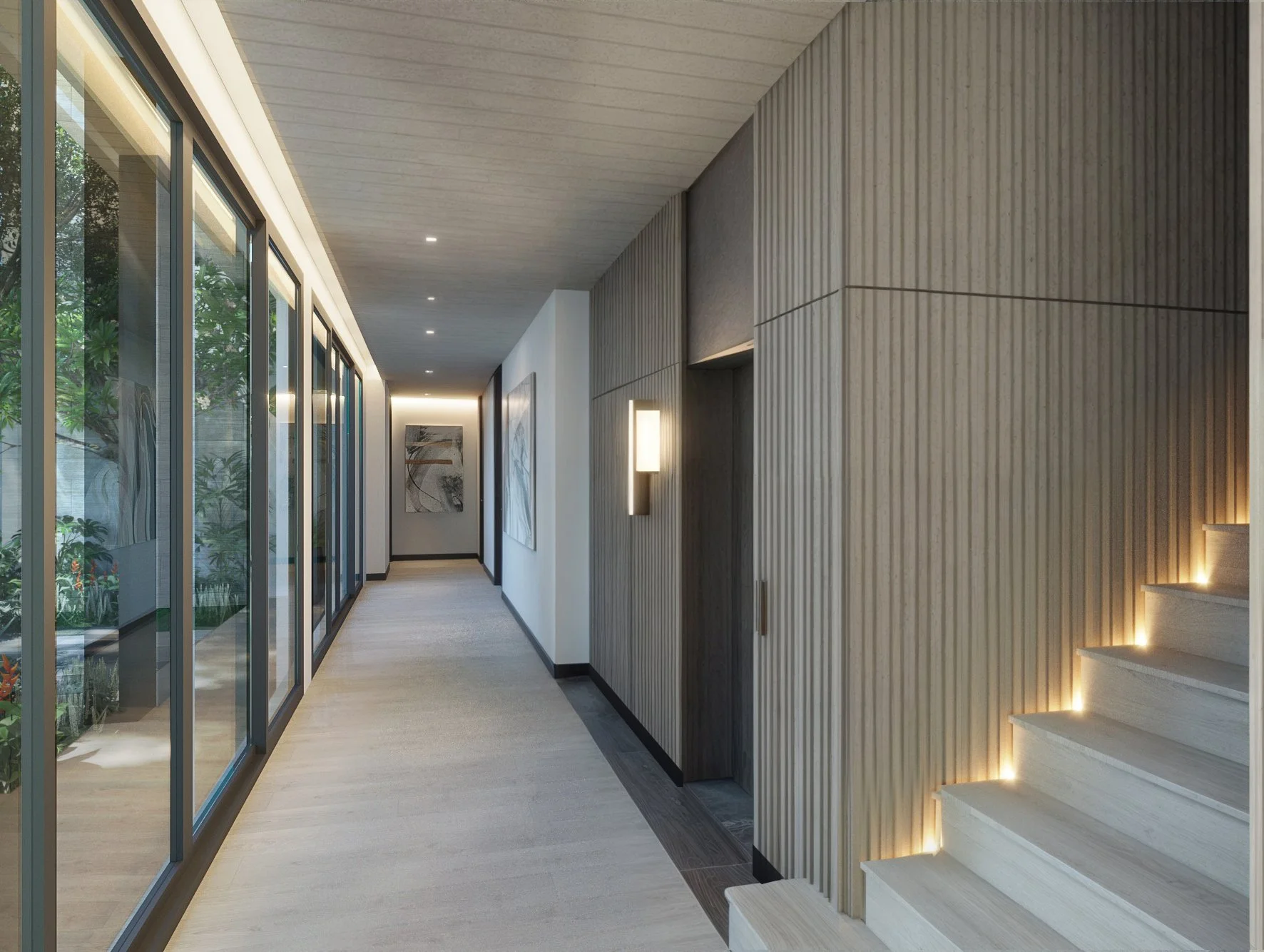 Minimalist hallway with vertical architectural fins and concealed lighting for a refined atmosphere.