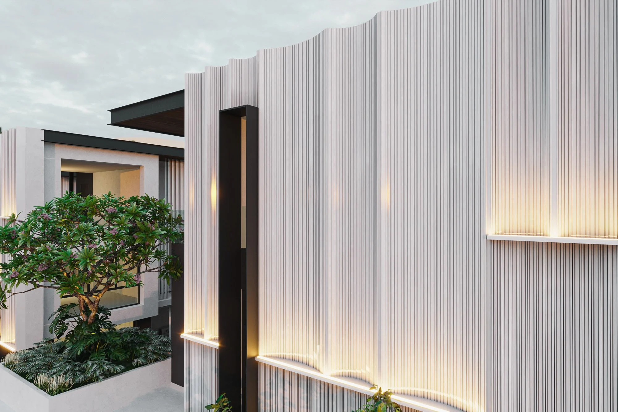 Modern minimalist exterior with vertical aluminum fins and soft ambient lighting.