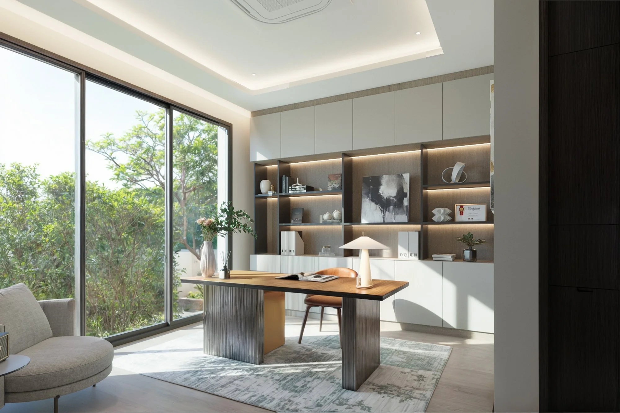 Private home office with floor-to-ceiling window overlooking greenery, built-in shelving, and custom wooden desk in a luxury Phuket villa.