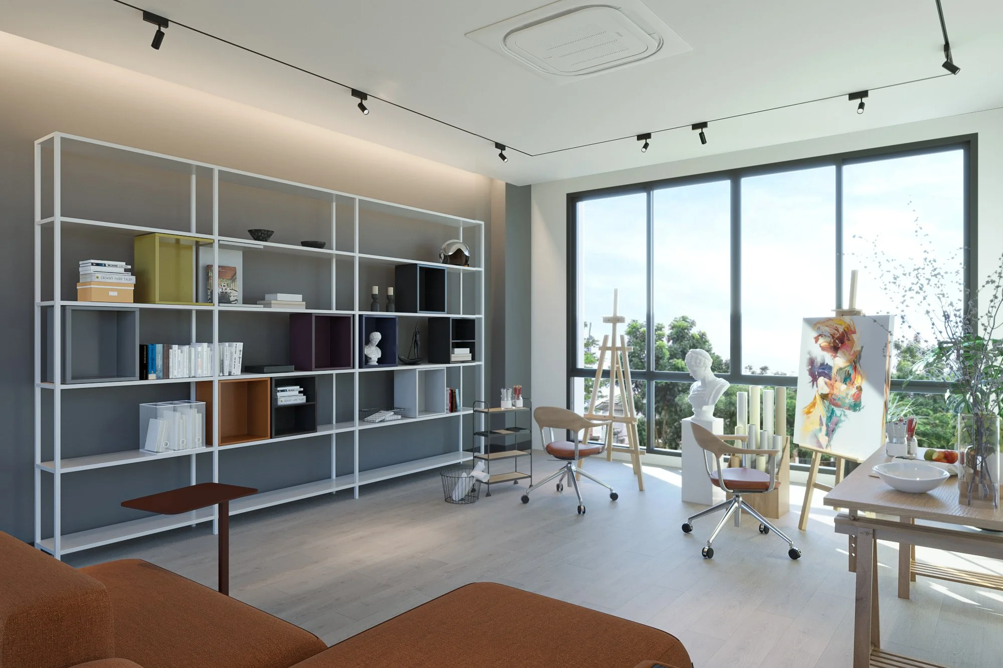 Contemporary living space with statement artwork, open shelving, and natural light.