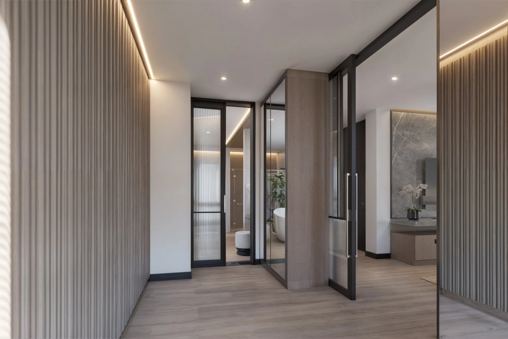 Bedroom entrance corridor with full-height partitions and natural light flow.