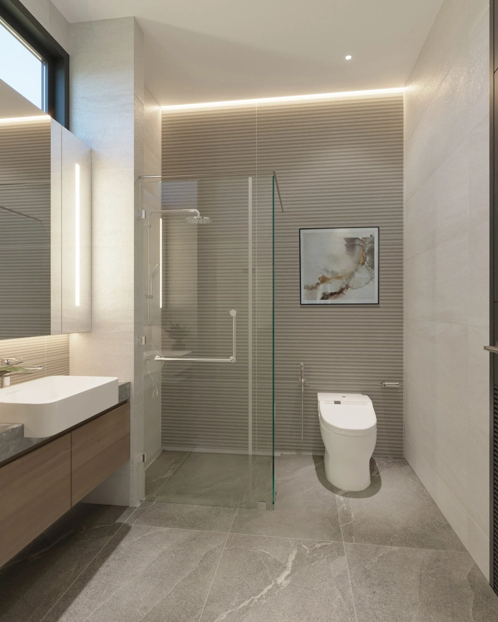 Contemporary bathroom with frameless glass shower, floating vanity, and natural stone finishes in a luxury Phuket villa.