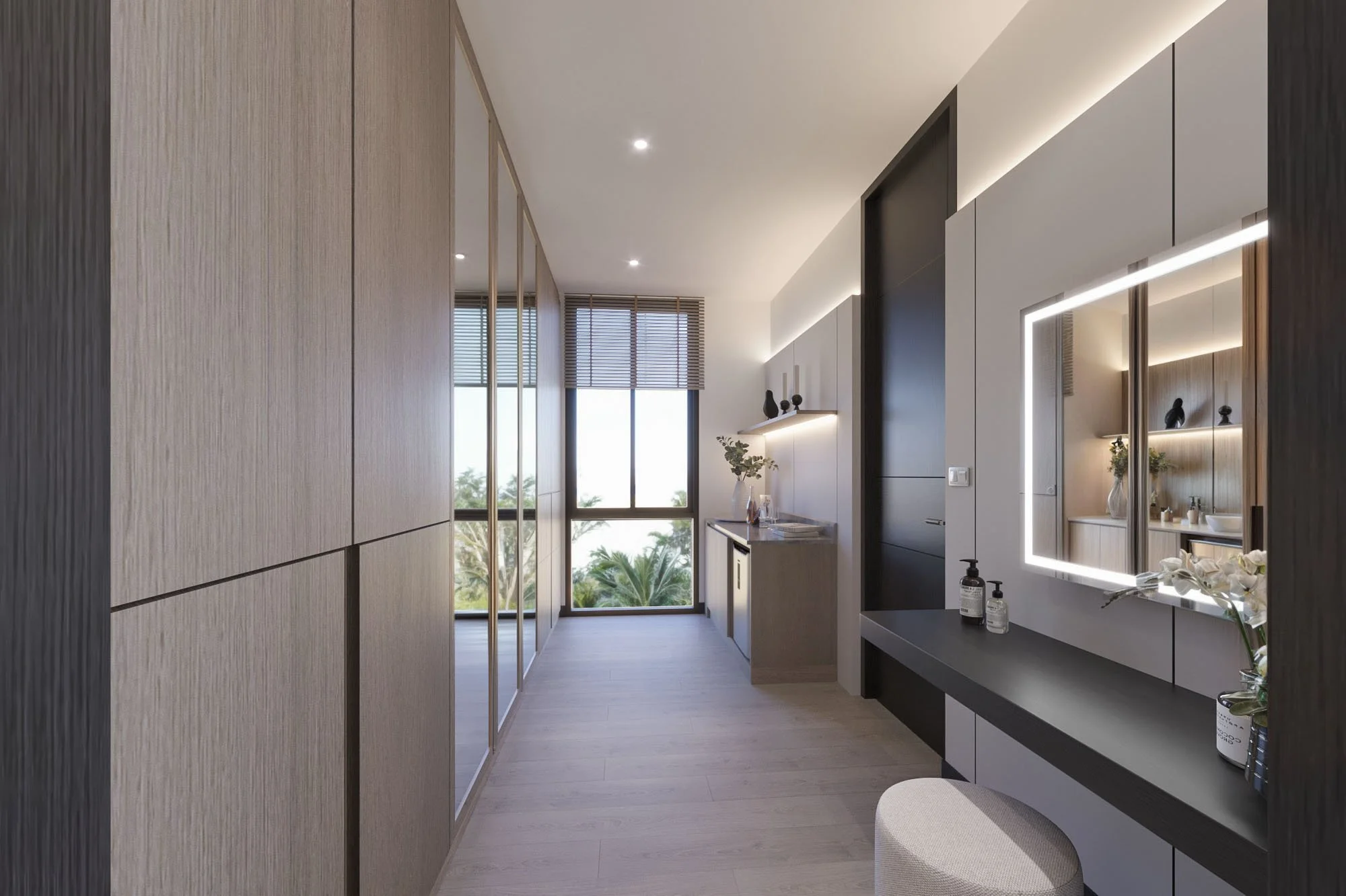 Walk-through wardrobe corridor with full-height cabinetry and natural light connection.