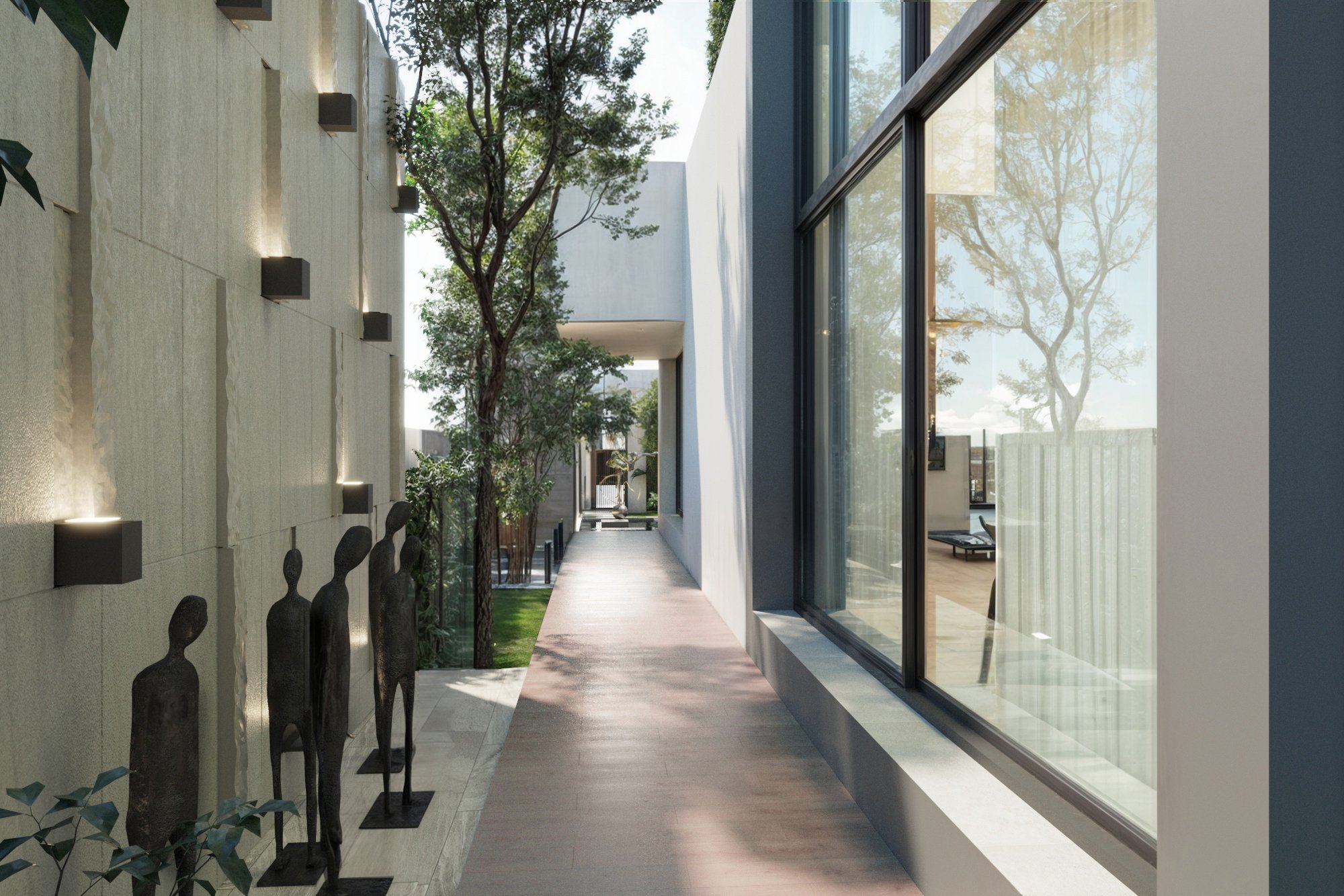 Private side walkway with full-height glass walls and tropical landscaping for natural light and airflow.