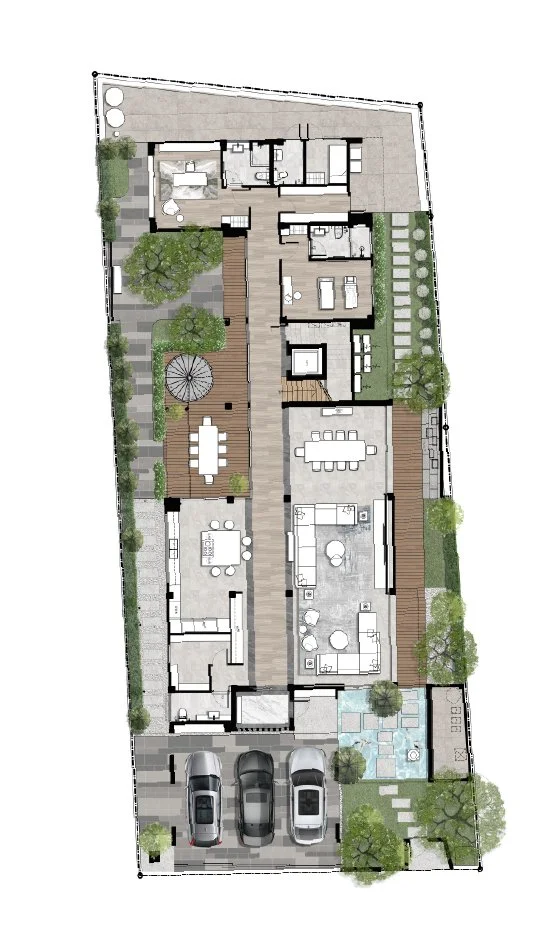 A detailed architectural floor plan of a modern house with an outdoor patio, swimming pool, driveway, and landscaped yard.