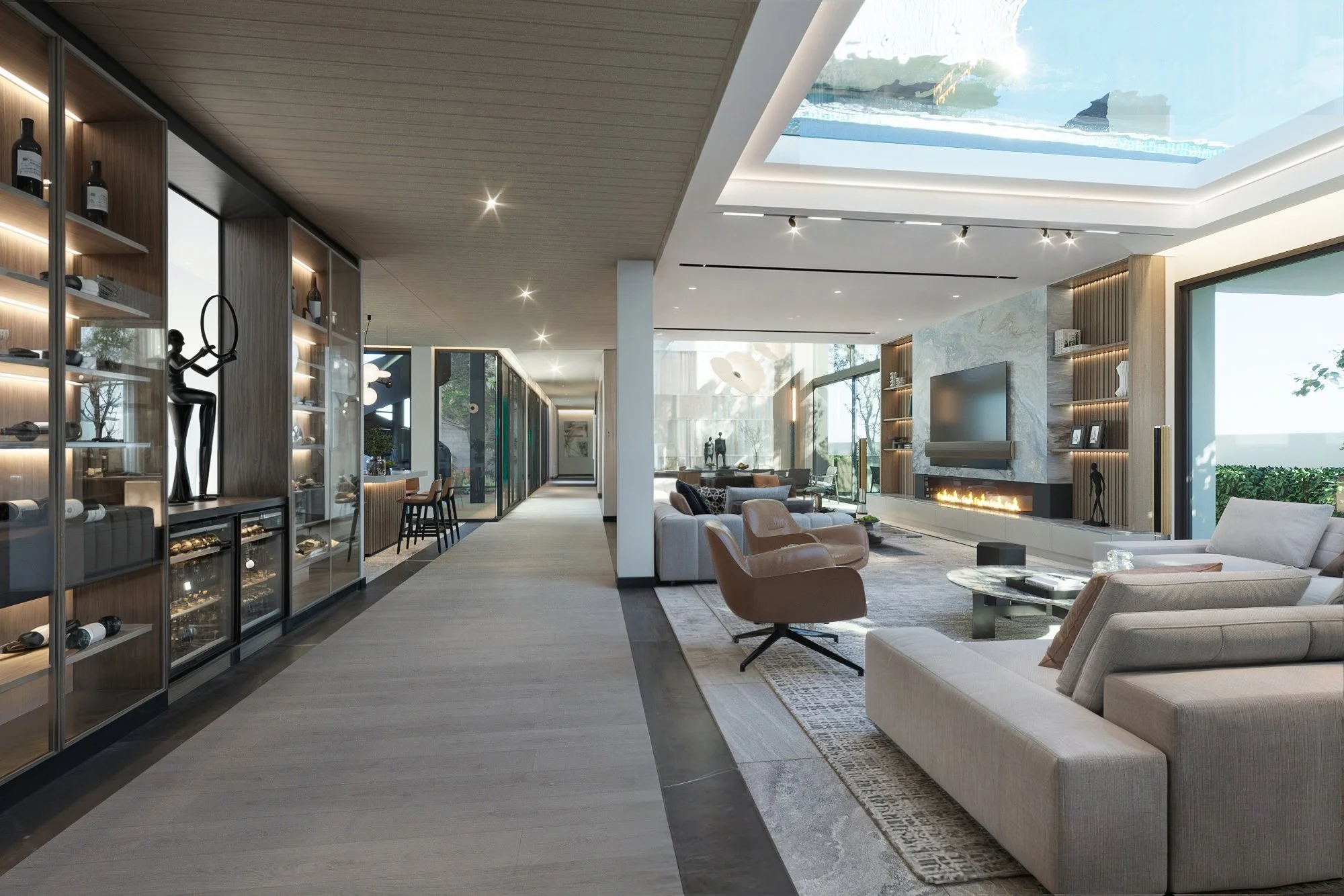 Open-plan luxury living area with custom display shelving, integrated lighting, and seamless indoor-outdoor flow in Phuket.