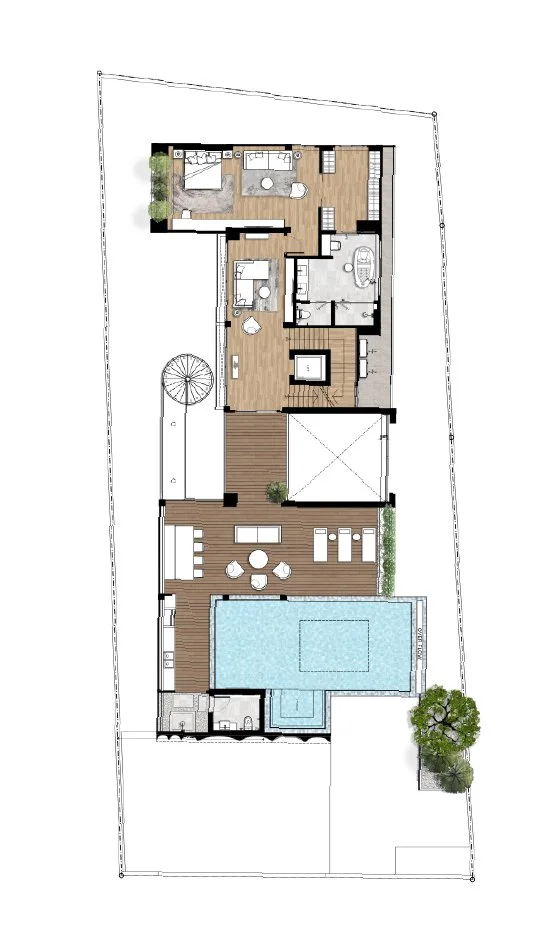 Floor plan of a house with outdoor pool, deck, bedrooms, bathrooms, and living areas.