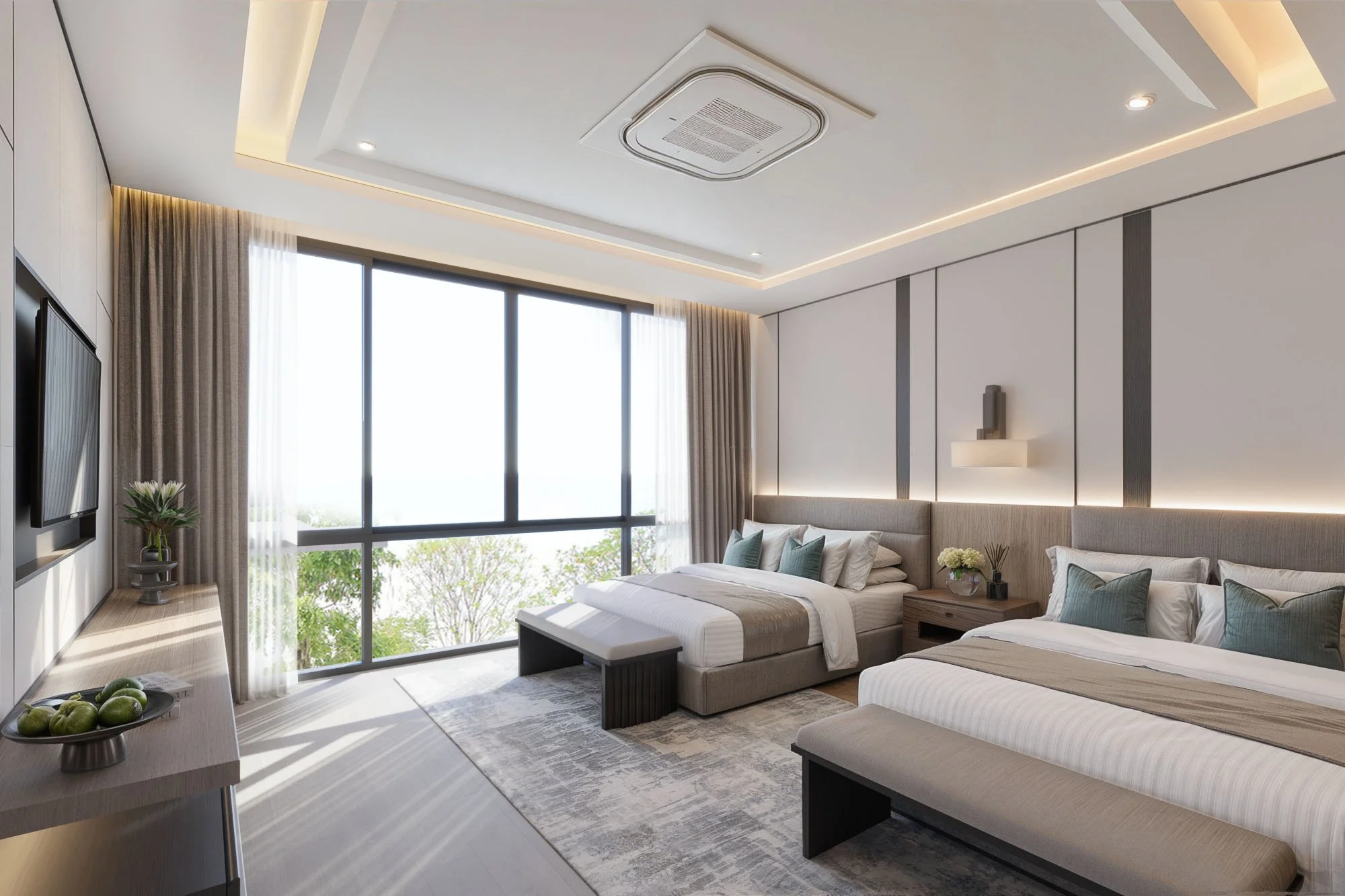 Spacious twin bedroom with soft neutral tones, large windows, and minimalist modern design.