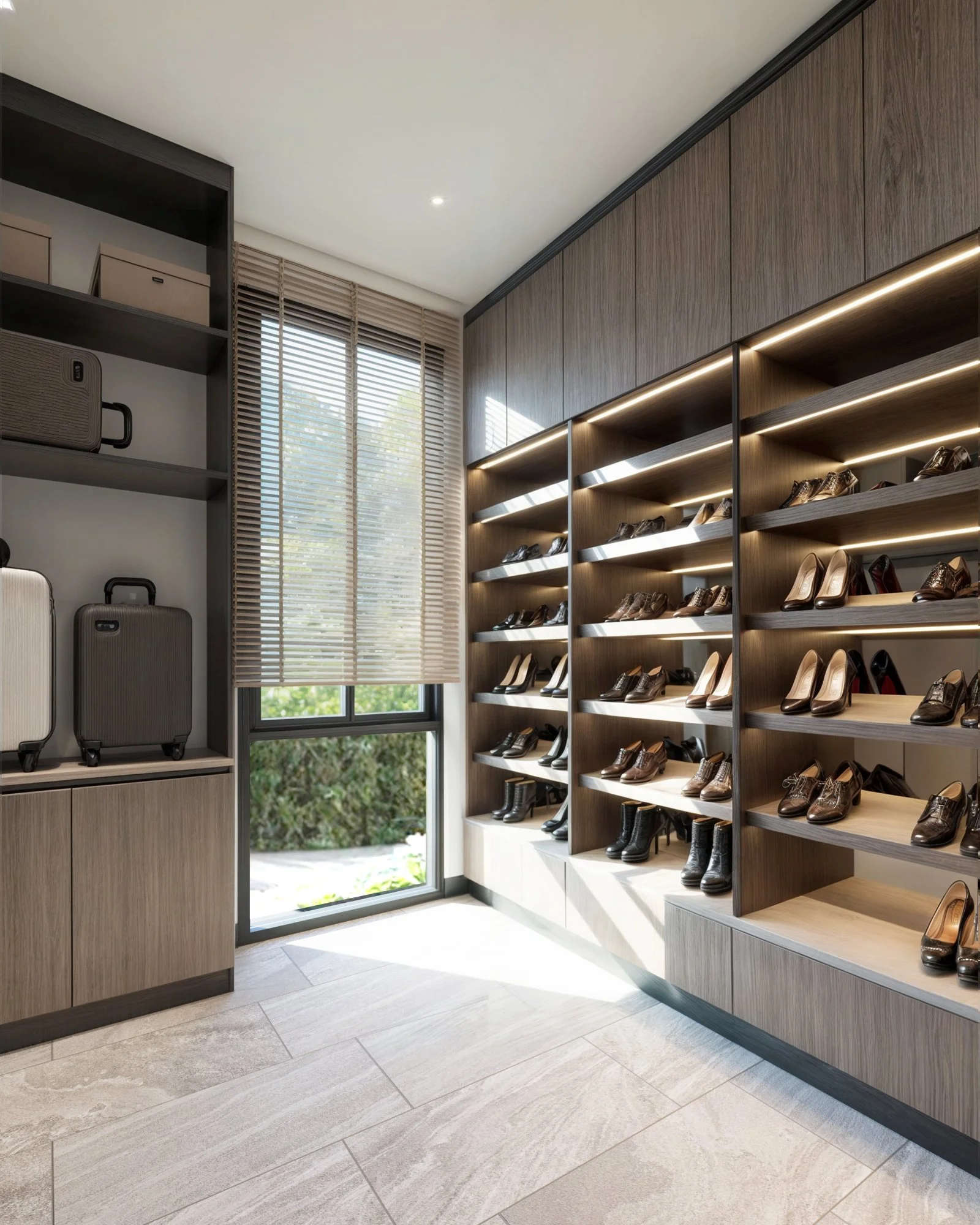 Custom walk-in wardrobe with illuminated display shelving, built-in cabinetry, and garden-facing window.