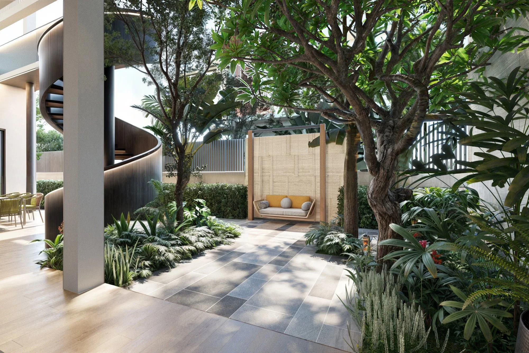 Indoor garden with trees, bushes, and various plants, featuring a cozy swing seat against a beige wall, with sunlight and shadows creating a calming atmosphere.