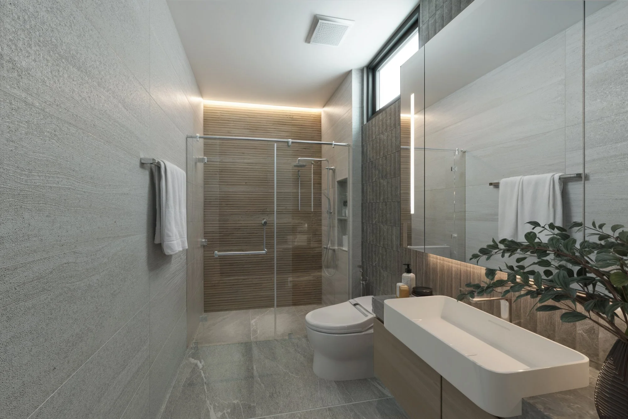 Luxury bathroom with glass-enclosed rain shower and premium stone detailing.