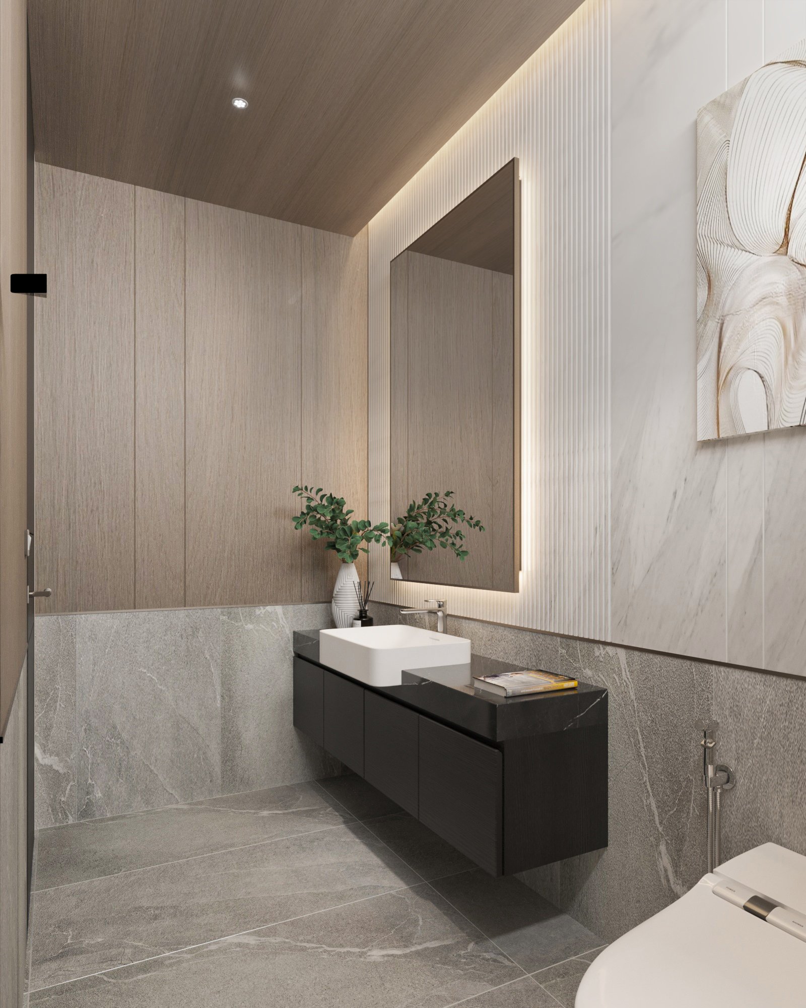 Contemporary bathroom with floating double vanity, stone countertops, and warm architectural lighting.