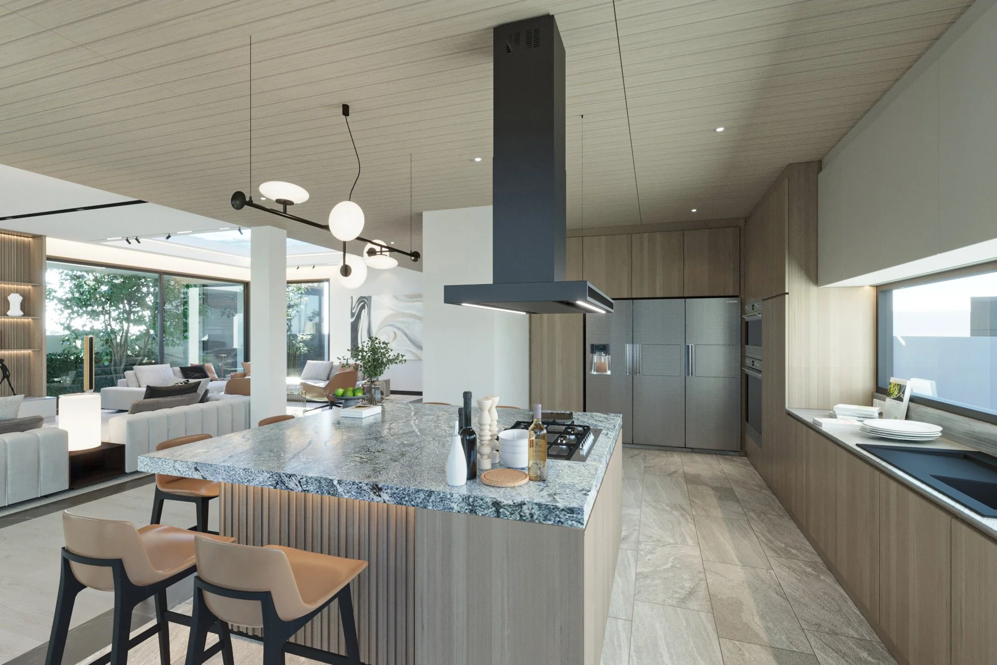 Fully fitted contemporary kitchen with island counter, premium finishes, and open layout design.