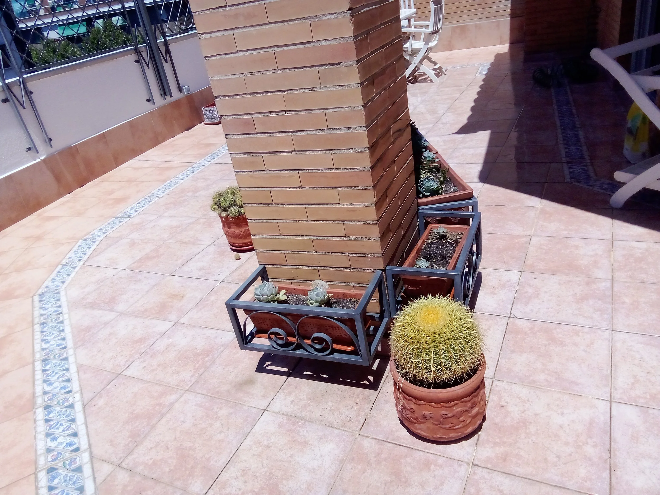 Macetas con cactus y plantas suculentas en una terraza con chimenea de ladrillos y suelo de baldosas.