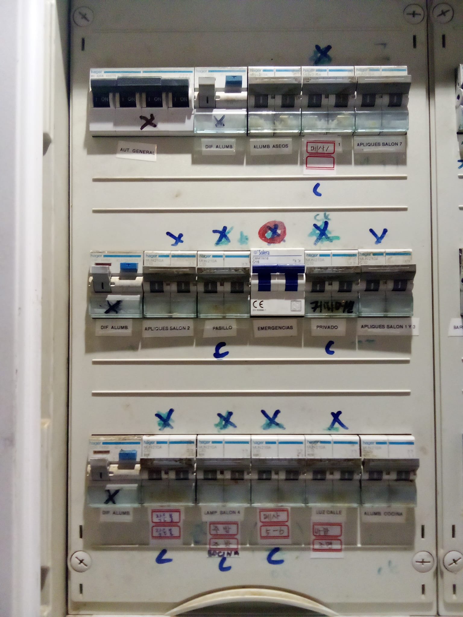 Panel de interruptores eléctricos con marcas y anotaciones en marcadores de colores.