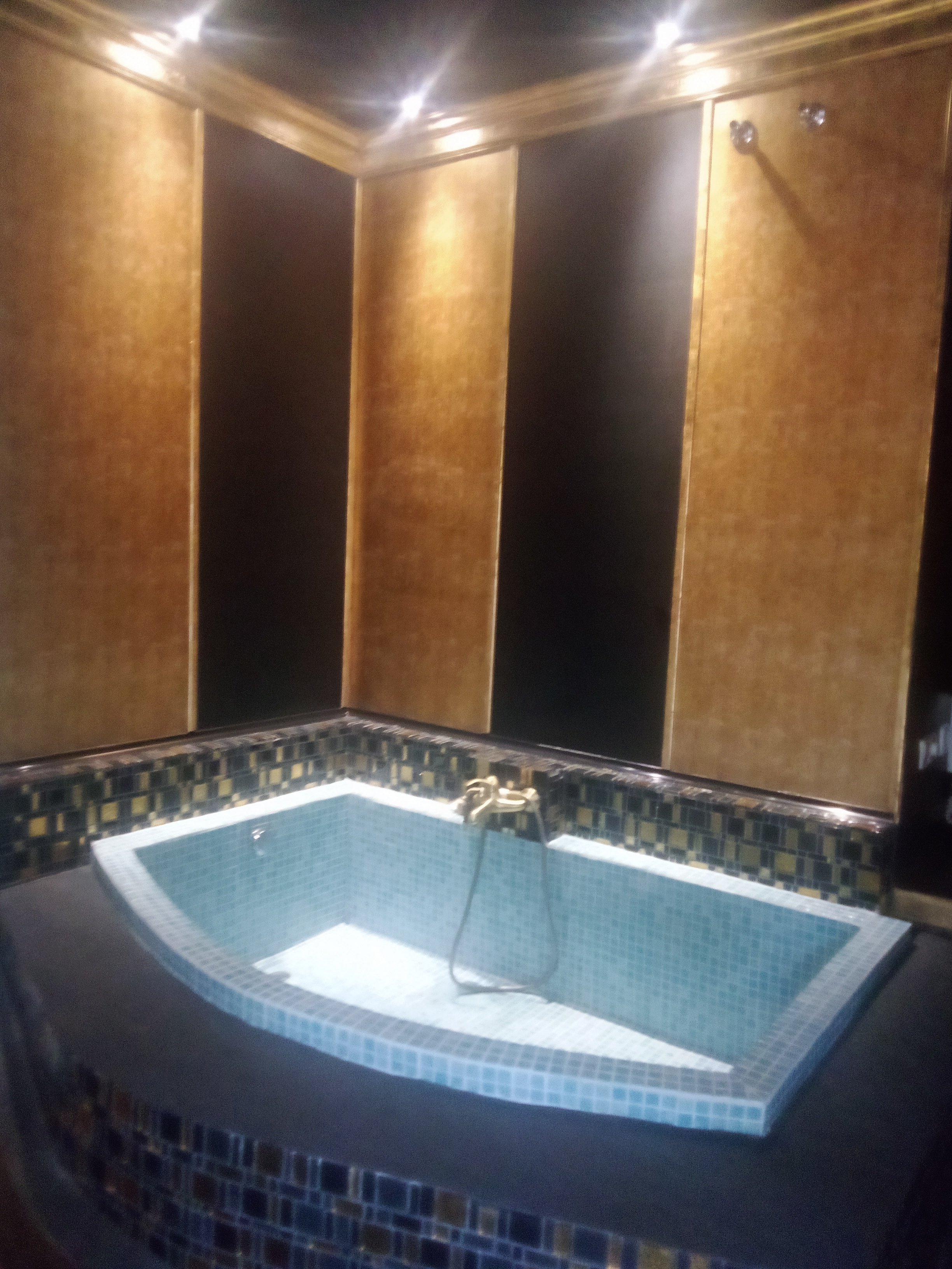 Jacuzzi con mosaicos azules en una habitación con paredes de paneles dorados y negras y techo de madera.