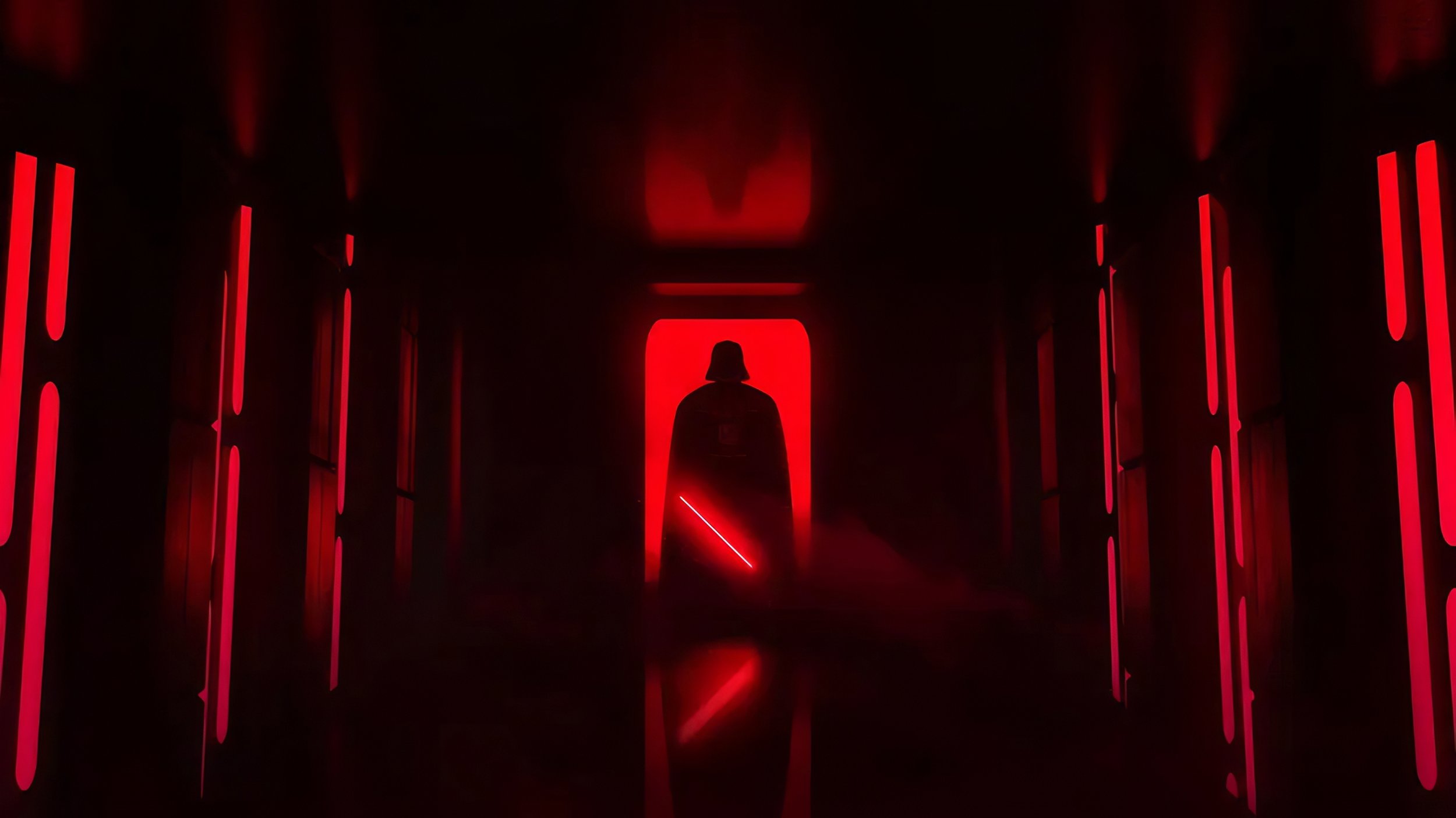 Darth Vader silhouette in a dark corridor with red lighting and sci-fi design, holding a red lightsaber.