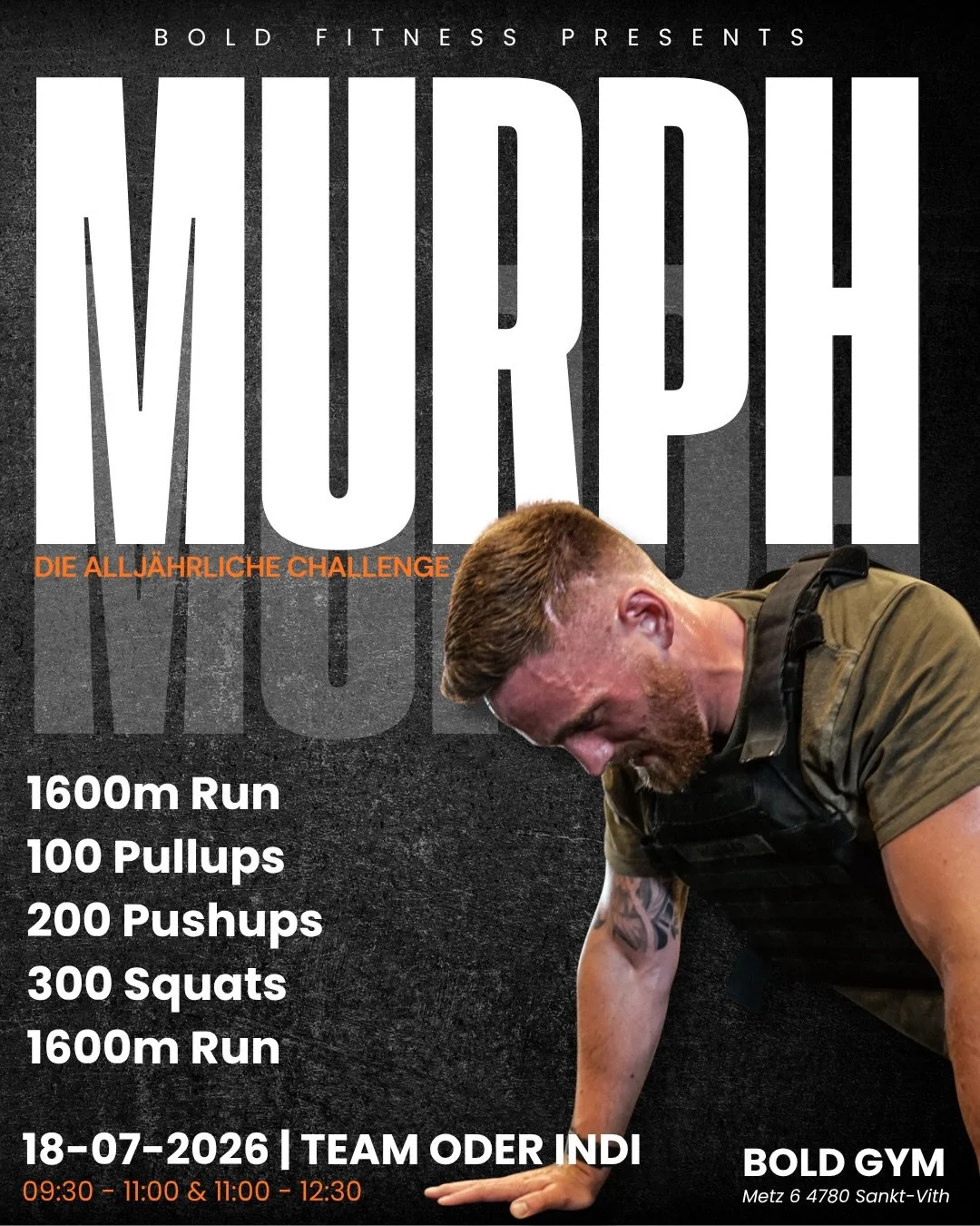 Auch dieses Jahr steht das Hero Workout &bdquo;MURPH&ldquo; wieder an! 😎

Das Workouts besteht aus einem 1600 Meter-Lauf, 100 Pull-ups, 200 Push-ups und 300 Squats gefolgt von einem weiteren 1600 Meter-Lauf am Ende. 🔥

Es ist m&ouml;glich die &Uuml