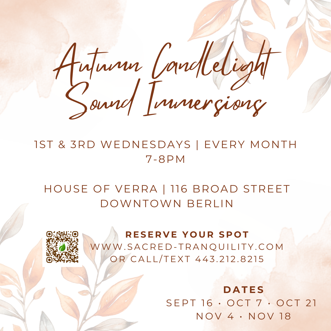 An event poster titled 'Autumn Candlelight Soundimmersions' with floral watercolor background. Details include dates, location at House of Verra, Berlin, and a QR code for reservation.