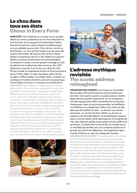 Article de magazine en français parlant de recettes de choux dans différents styles, avec une image de gâteau décoré et une photo d'un homme au restaurant.