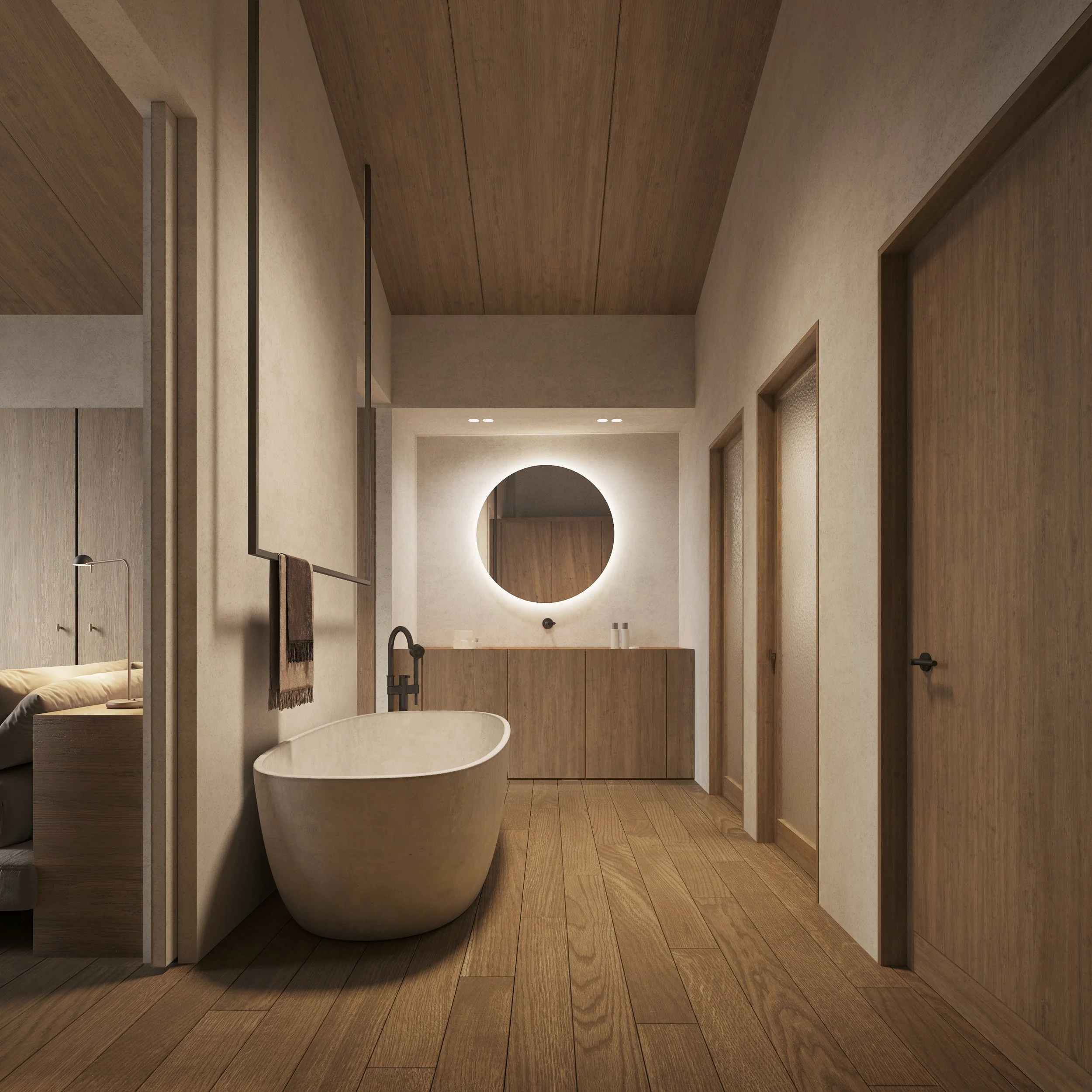 Baño moderno con bañera independiente, espejo redondo iluminado, paredes y suelo de madera clara. Estilo minimalista y natural.