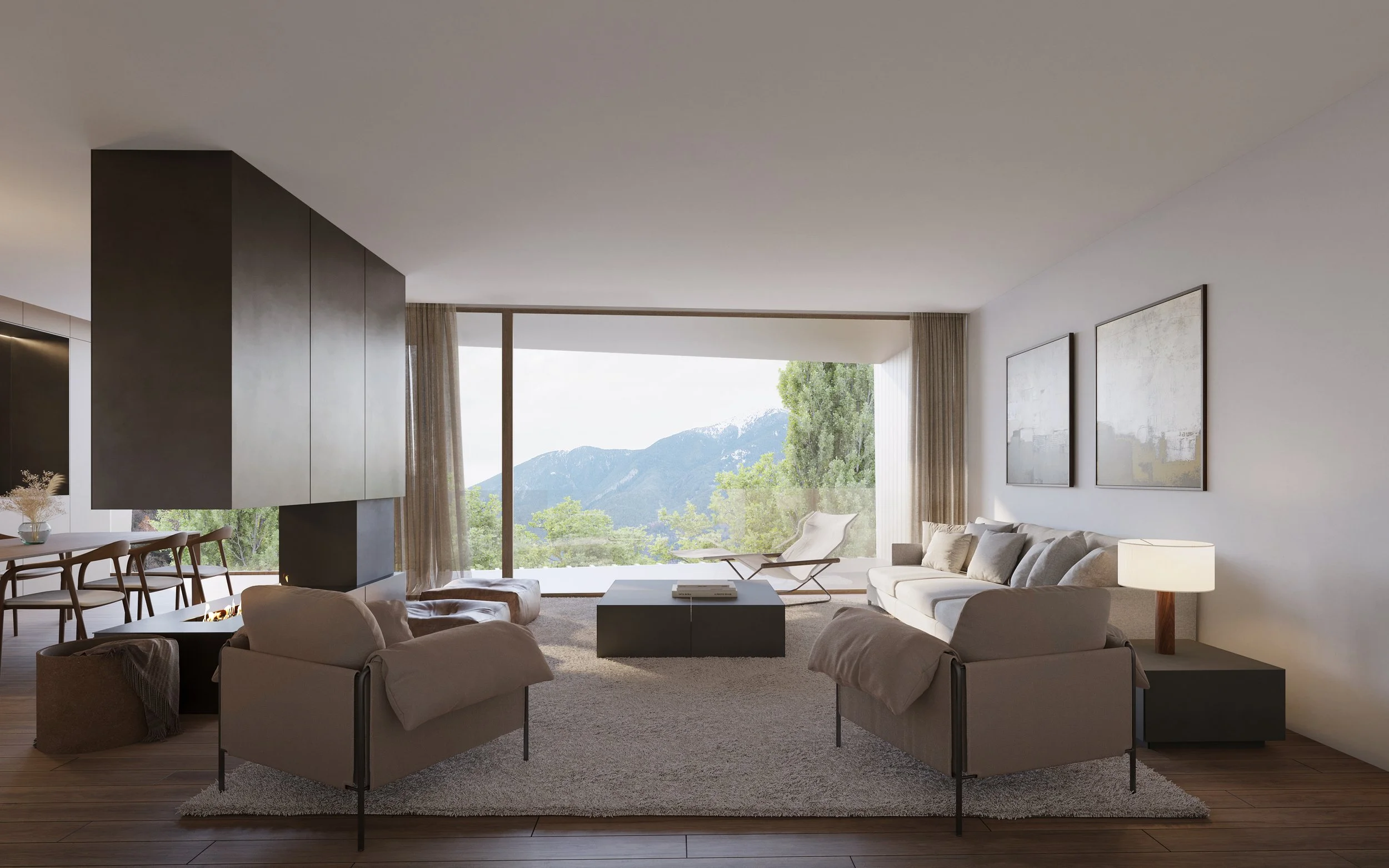 Sala de estar moderna con grandes ventanales mostrando vista a las montañas, sofás beige, mesa de centro, alfombra clara y decoración minimalista.