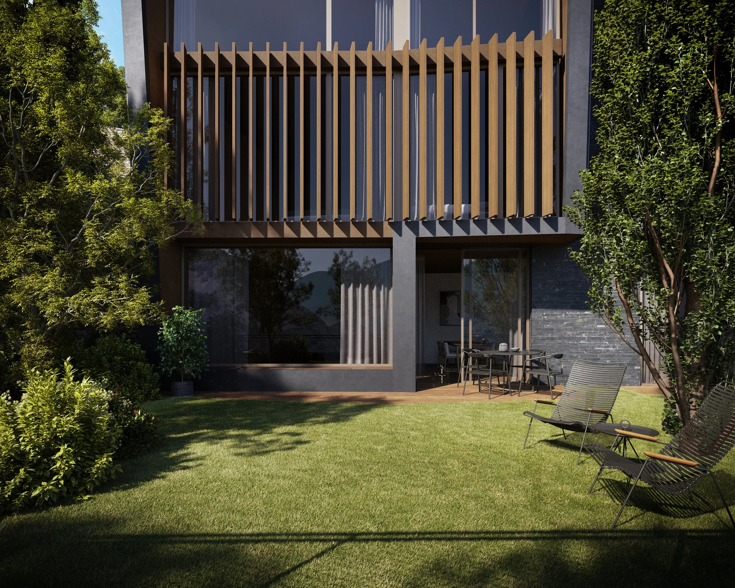 Casa moderna con jardín y muebles de exterior, paredes de ladrillo y madera, rodeada de árboles verdes.