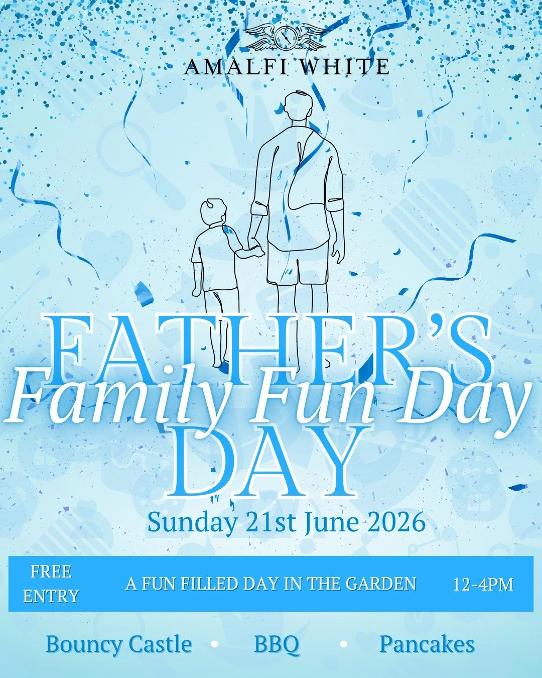 🎉 Celebrate Father&rsquo;s Day with us at Amalfi White! 🎉

Join us on **Sunday 21st June** for a fun-filled **Family Fun Day in the Garden** 🌿

🕛 12&ndash;4 PM
🎈 Bouncy castle
🥞 Pancakes &amp; BBQ
🎟️ FREE entry

Bring the whole family and make
