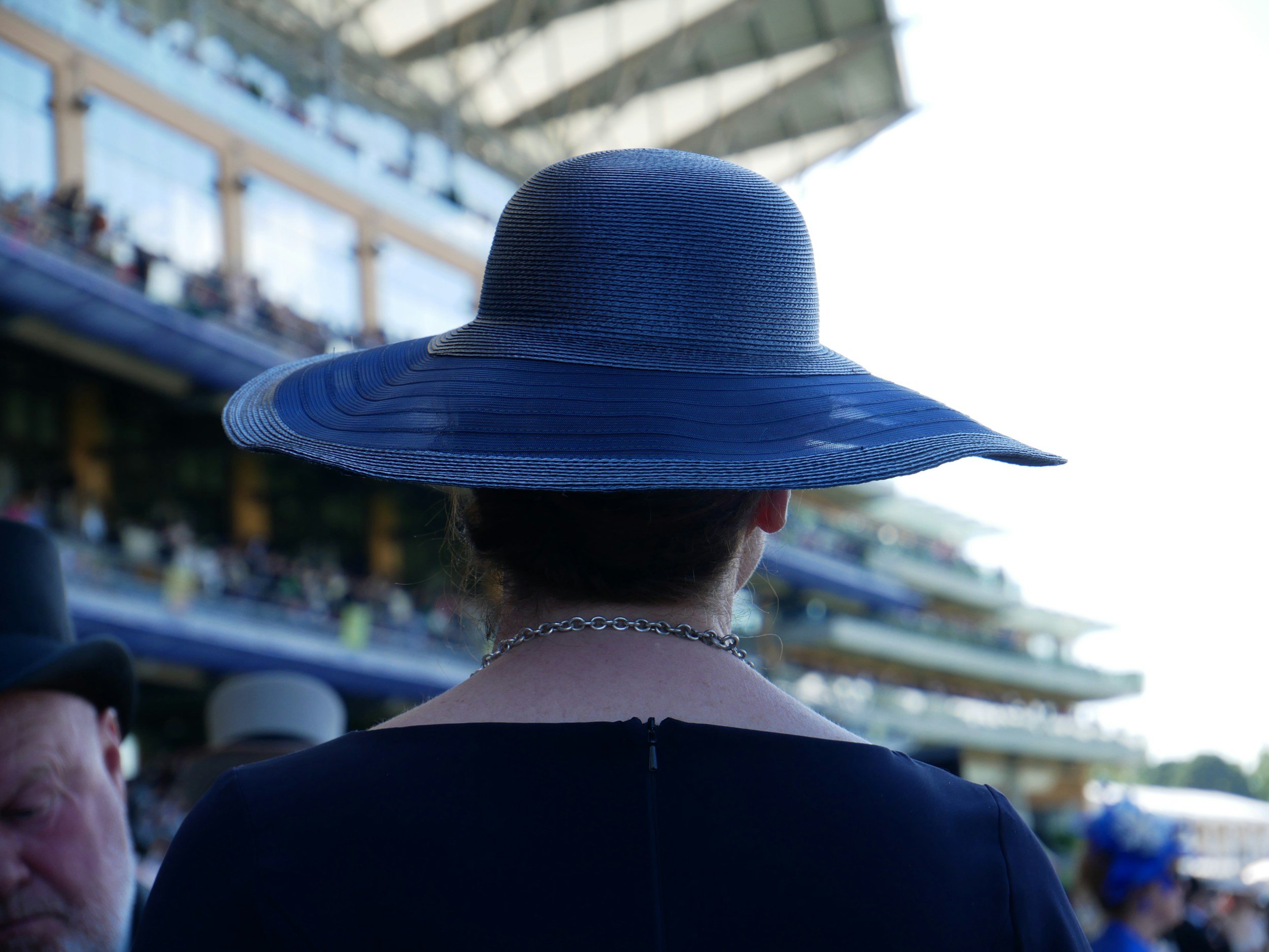 A person wearing a large blue sun hat, viewed from behind, sitting outdoors or in a stadium with a blurred background of spectators and architecture.